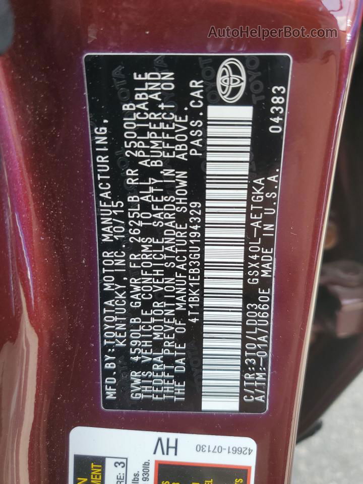 2016 Toyota Avalon Xle Red vin: 4T1BK1EB3GU194329