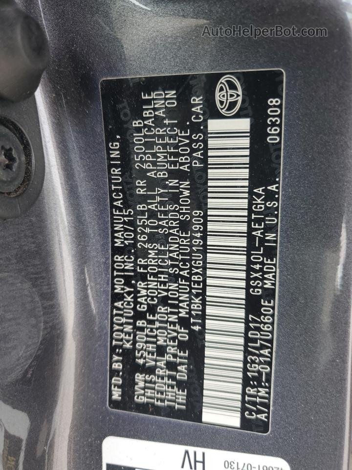 2016 Toyota Avalon Xle Gray vin: 4T1BK1EBXGU194909