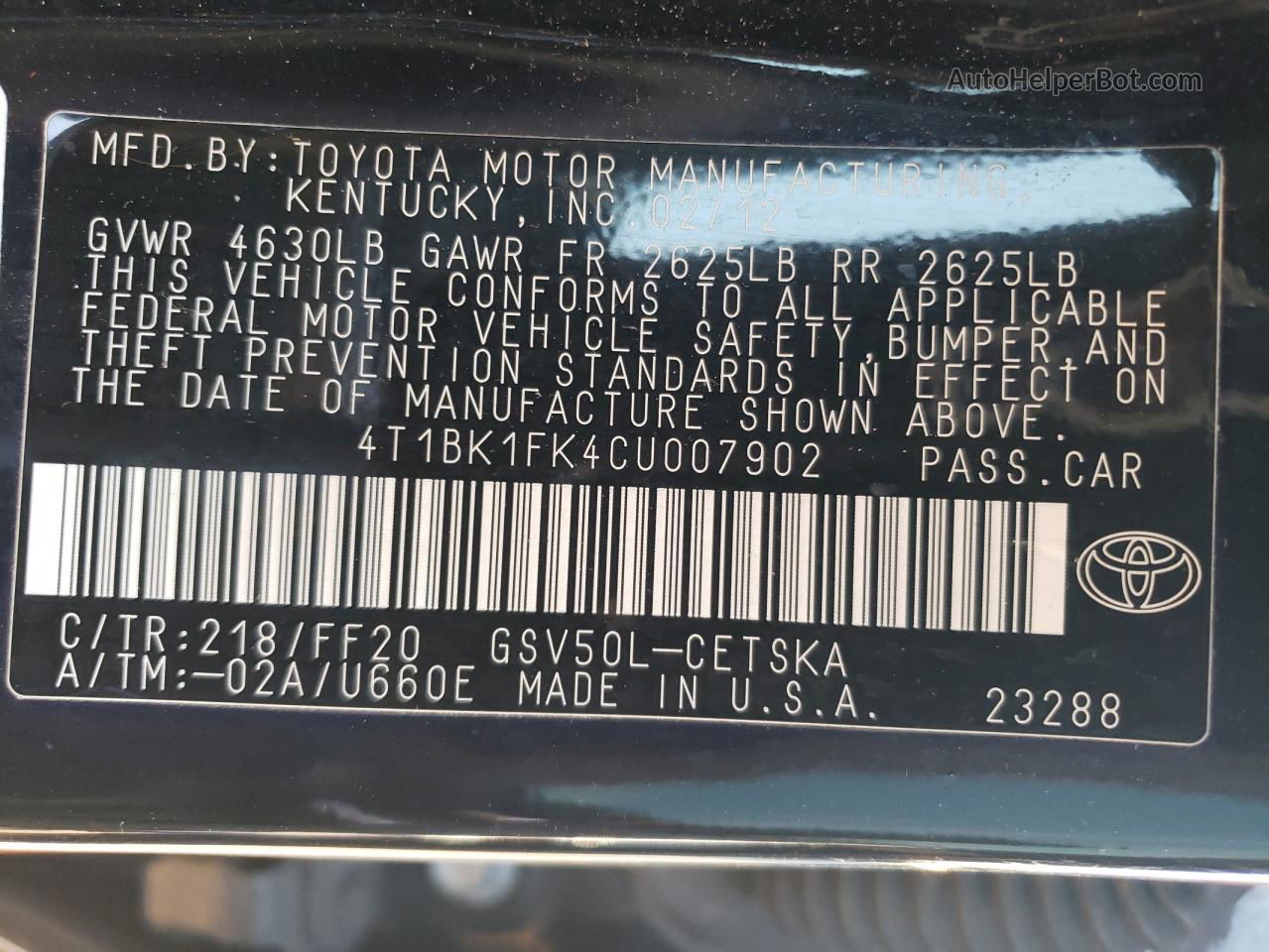 2012 Toyota Camry Se Черный vin: 4T1BK1FK4CU007902