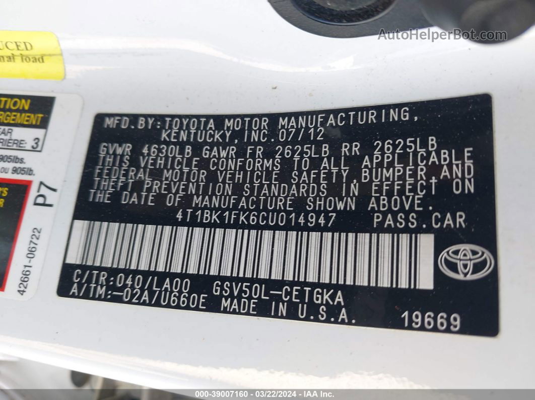 2012 Toyota Camry Xle V6 White vin: 4T1BK1FK6CU014947