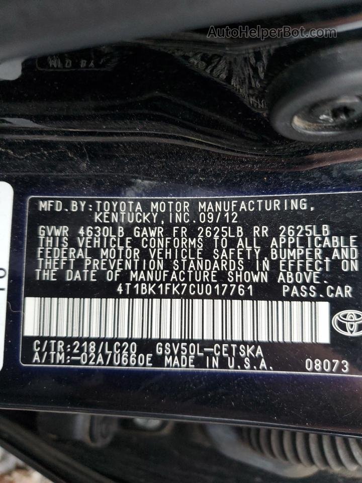 2012 Toyota Camry Se Черный vin: 4T1BK1FK7CU017761