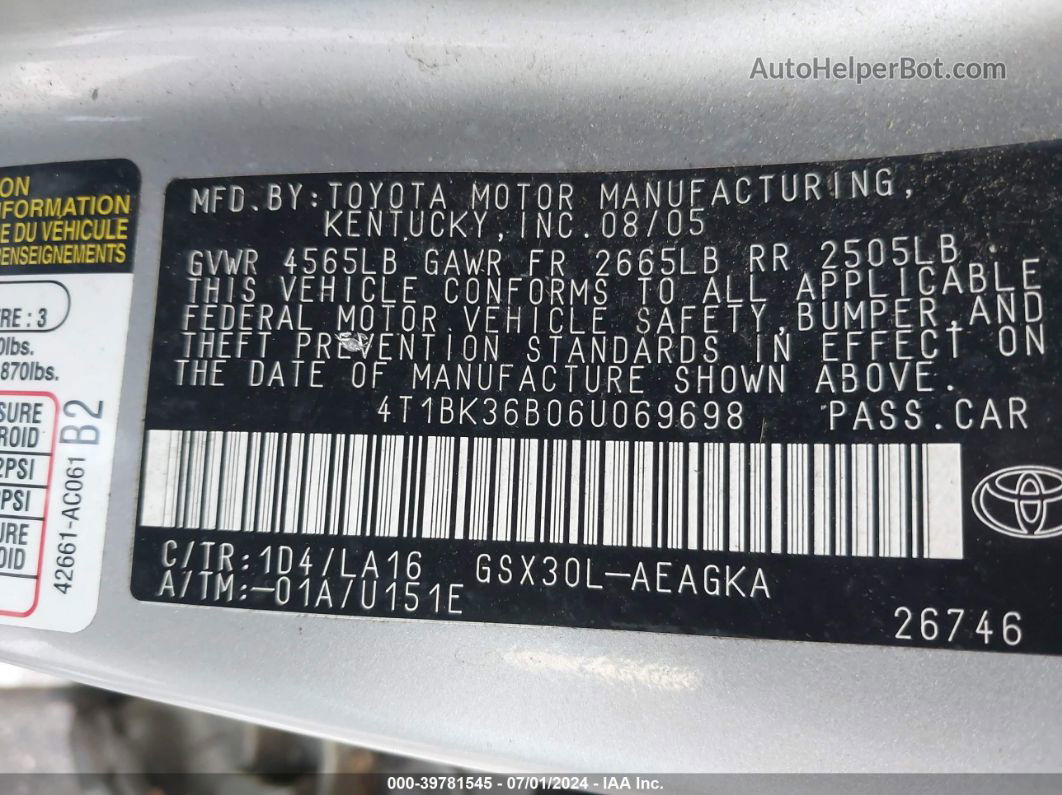 2006 Toyota Avalon Xls Серебряный vin: 4T1BK36B06U069698