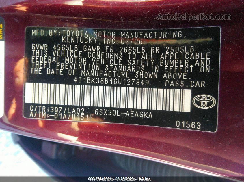 2006 Toyota Avalon Xl/touring/xls/limited Maroon vin: 4T1BK36B16U127849