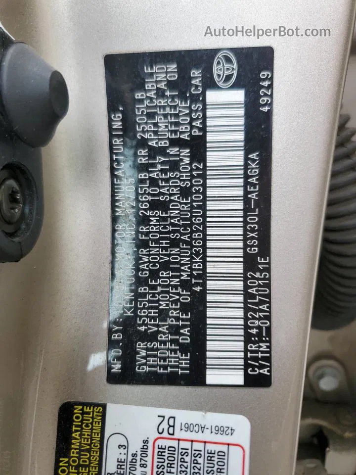 2006 Toyota Avalon Xl Золотой vin: 4T1BK36B26U103012