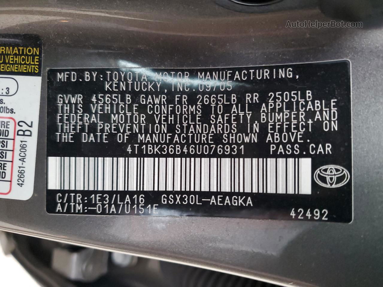 2006 Toyota Avalon Xl Gray vin: 4T1BK36B46U076931