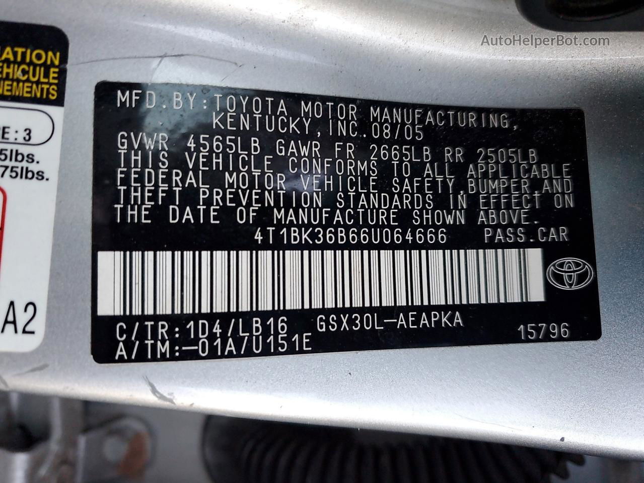 2006 Toyota Avalon Xl Silver vin: 4T1BK36B66U064666