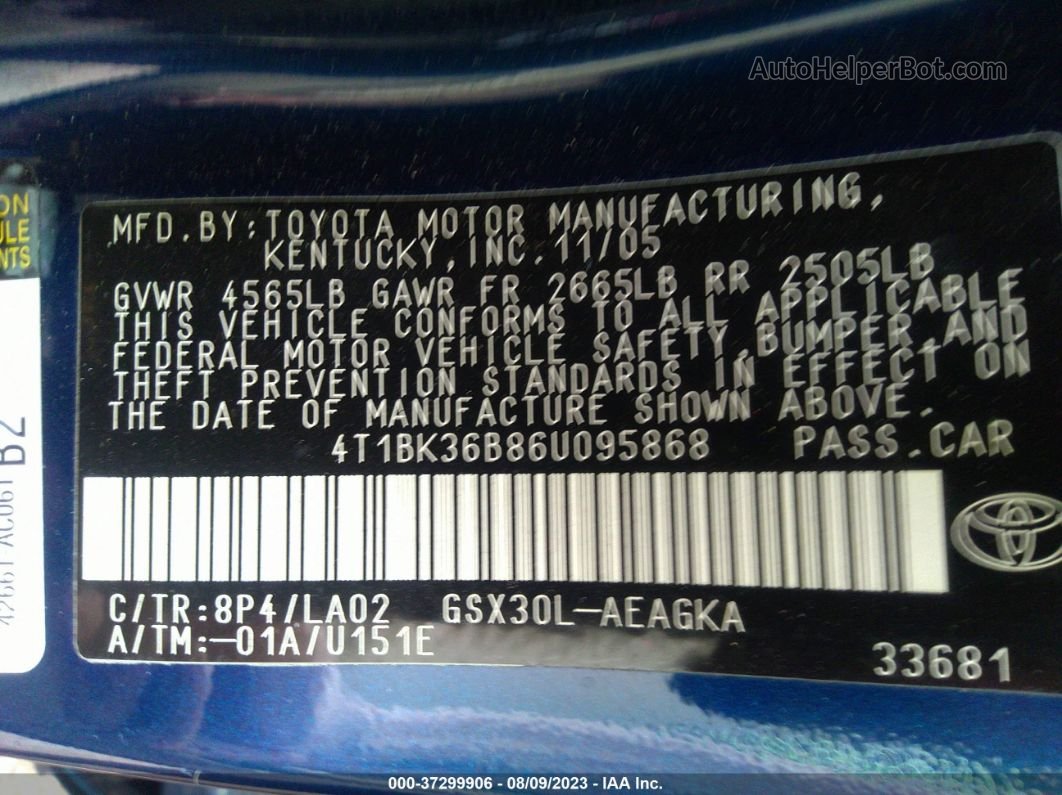 2006 Toyota Avalon Xls Blue vin: 4T1BK36B86U095868
