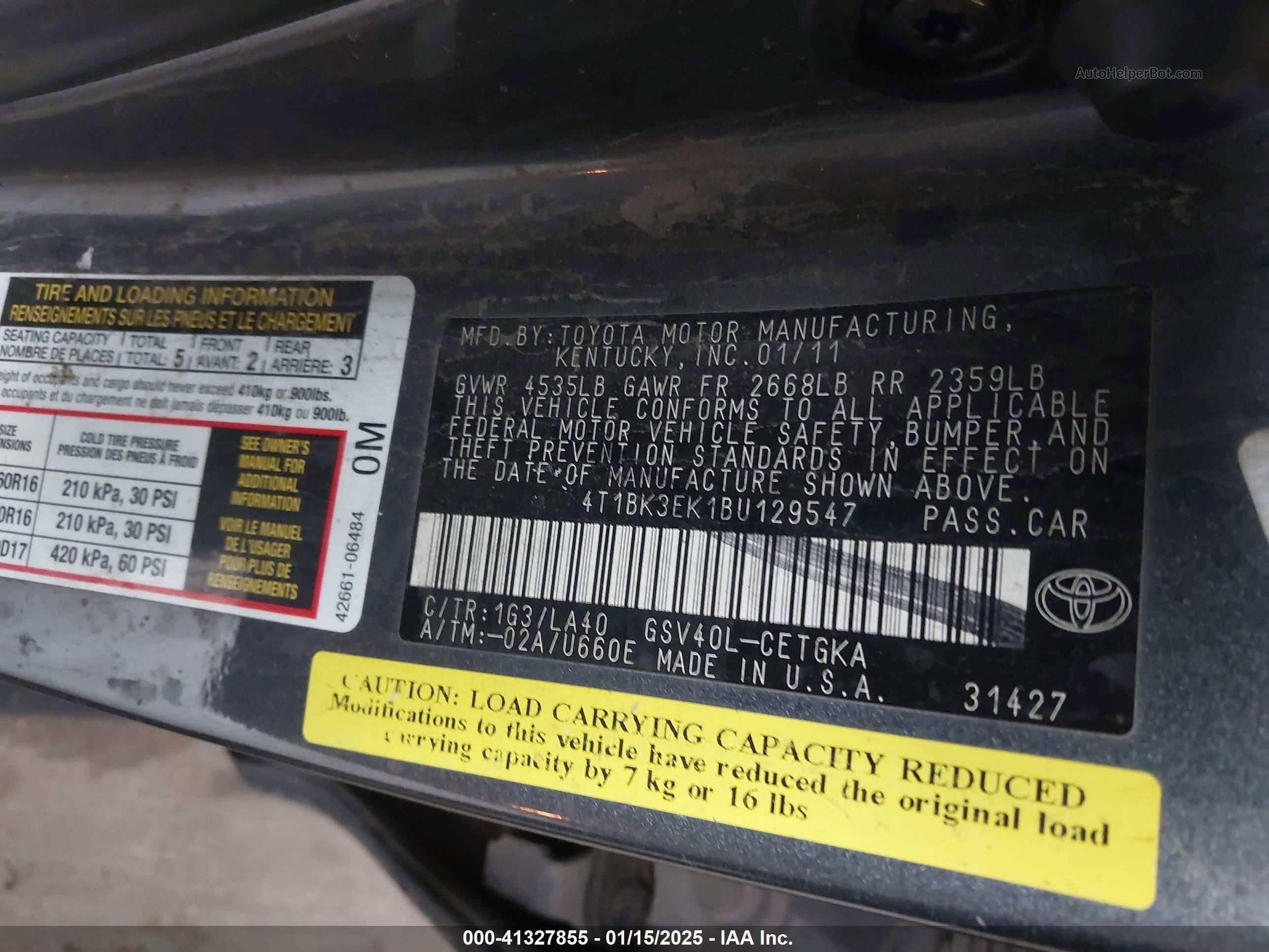 2011 Toyota Camry Xle V6 Серый vin: 4T1BK3EK1BU129547
