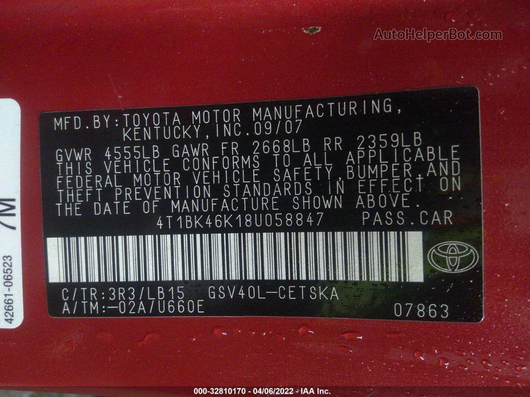 2008 Toyota Camry Le/se/xle Красный vin: 4T1BK46K18U058847
