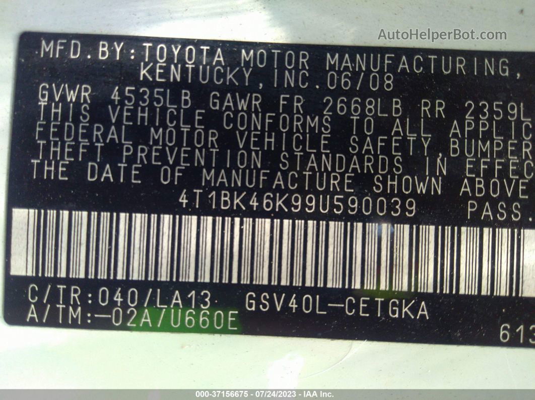 2009 Toyota Camry Xle V6 White vin: 4T1BK46K99U590039