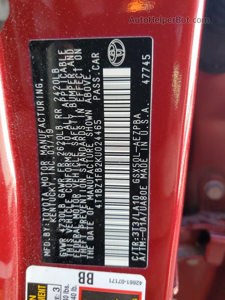 2019 Toyota Avalon Xle Red vin: 4T1BZ1FB2KU024465
