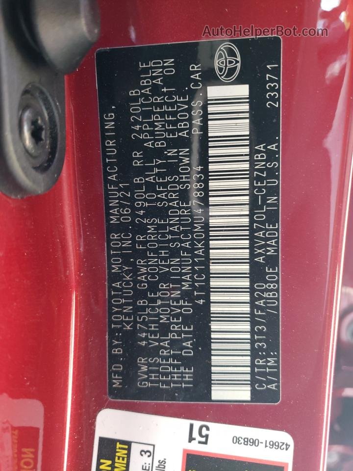 2021 Toyota Camry Le Красный vin: 4T1C11AK0MU478834