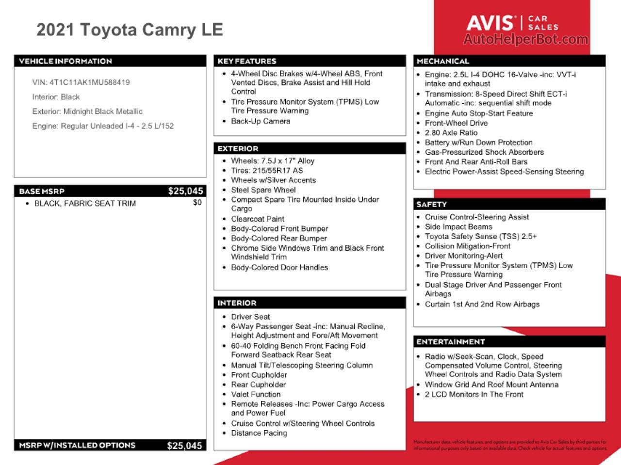 2021 Toyota Camry Le Black vin: 4T1C11AK1MU588419