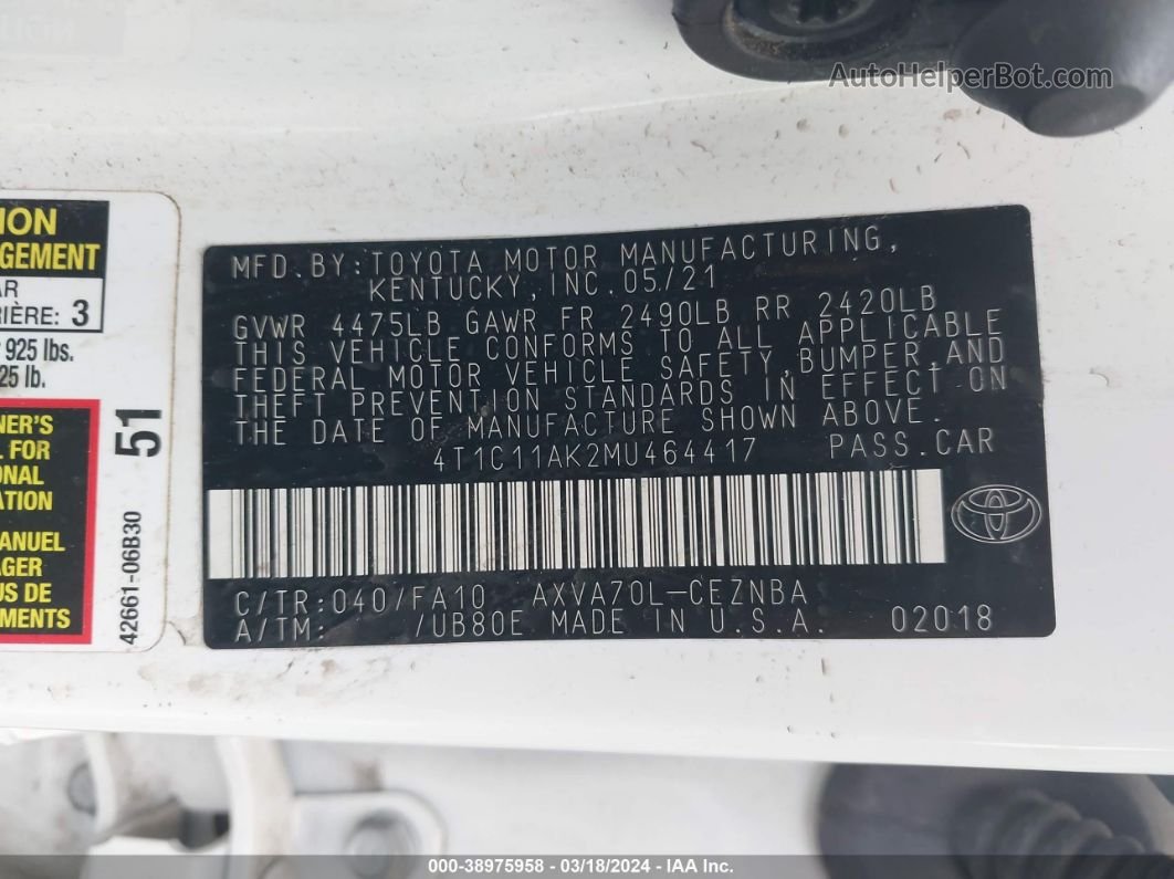 2021 Toyota Camry Le White vin: 4T1C11AK2MU464417