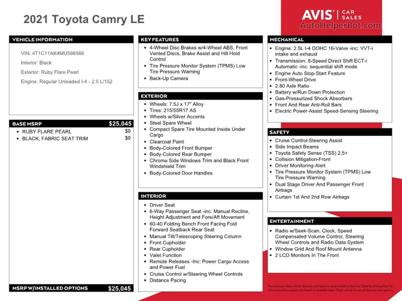 2021 Toyota Camry Le Красный vin: 4T1C11AK4MU586566