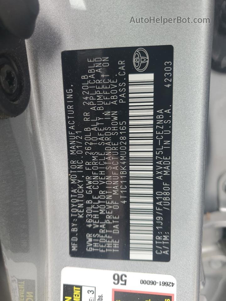 2021 Toyota Camry Le Silver vin: 4T1C11BK4MU028165