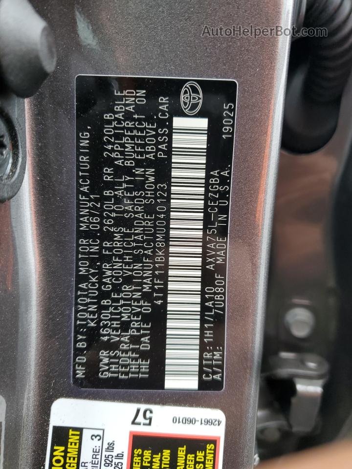 2021 Toyota Camry Xle Gray vin: 4T1F11BK8MU040123