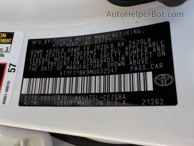 2021 Toyota Camry Xle White vin: 4T1F11BK9MU032547