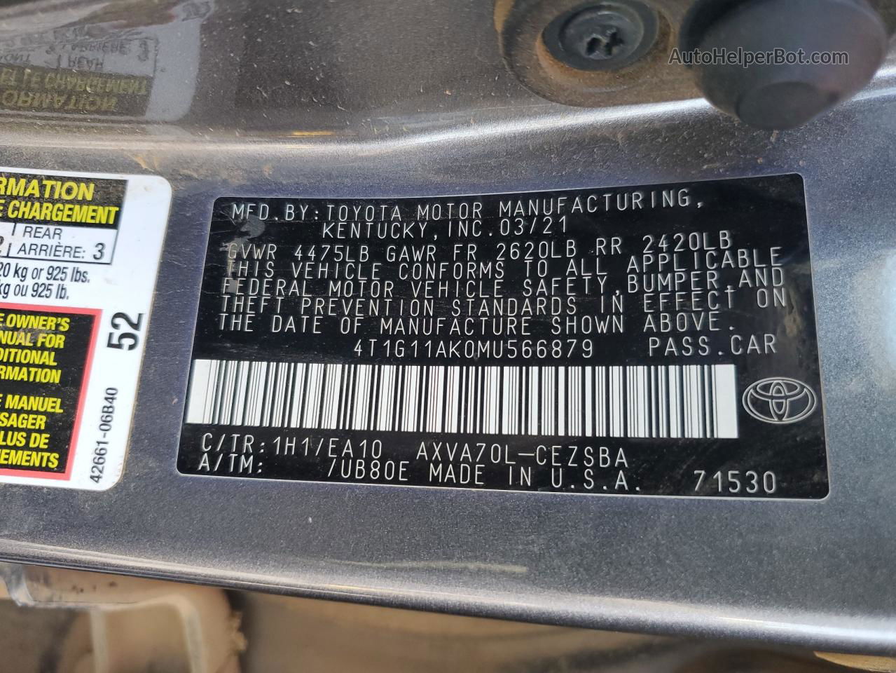 2021 Toyota Camry Se Charcoal vin: 4T1G11AK0MU566879