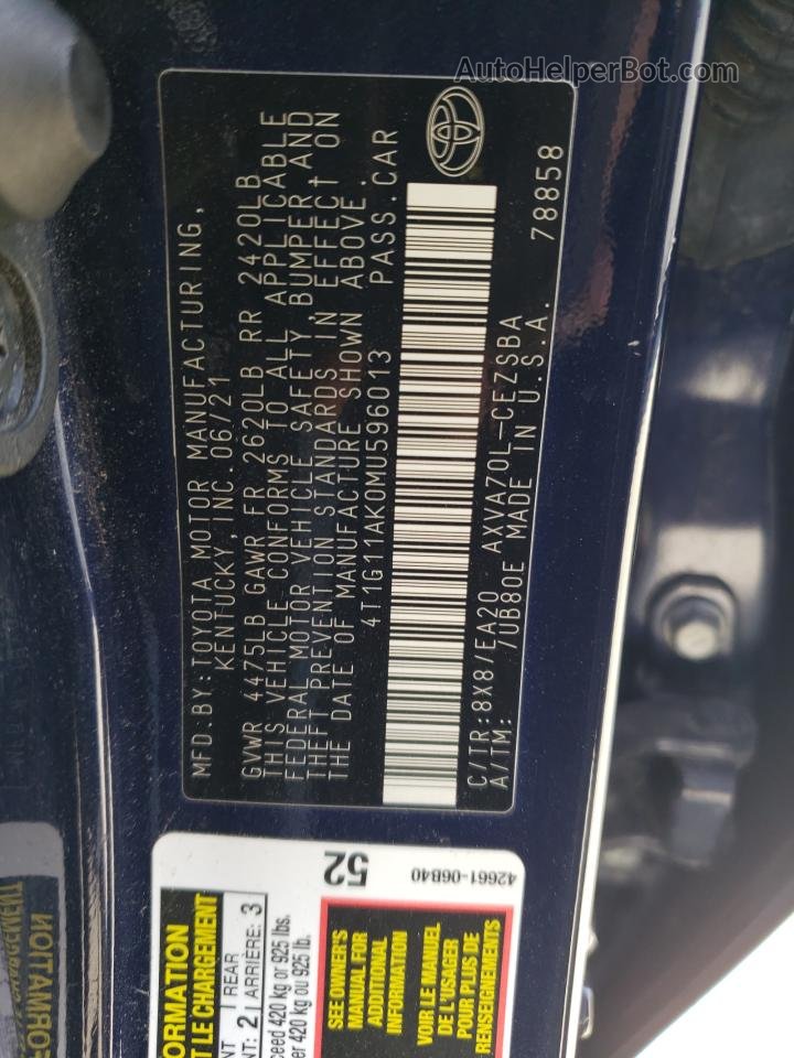 2021 Toyota Camry Se Синий vin: 4T1G11AK0MU596013