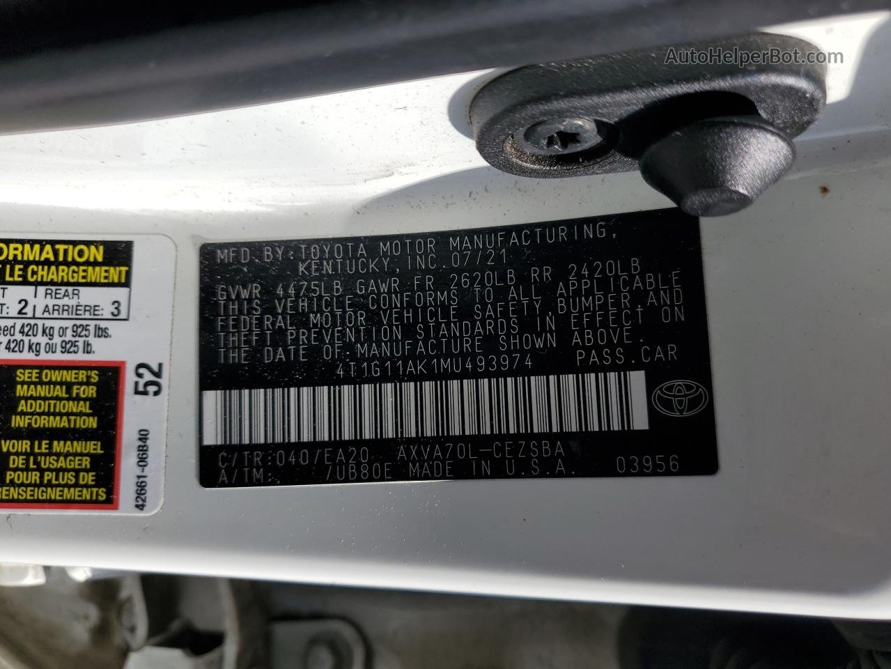 2021 Toyota Camry Se White vin: 4T1G11AK1MU493974