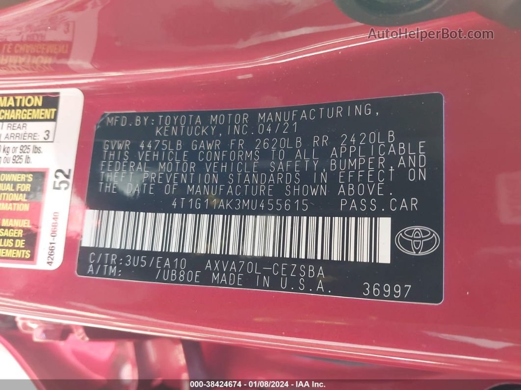 2021 Toyota Camry Se Red vin: 4T1G11AK3MU455615
