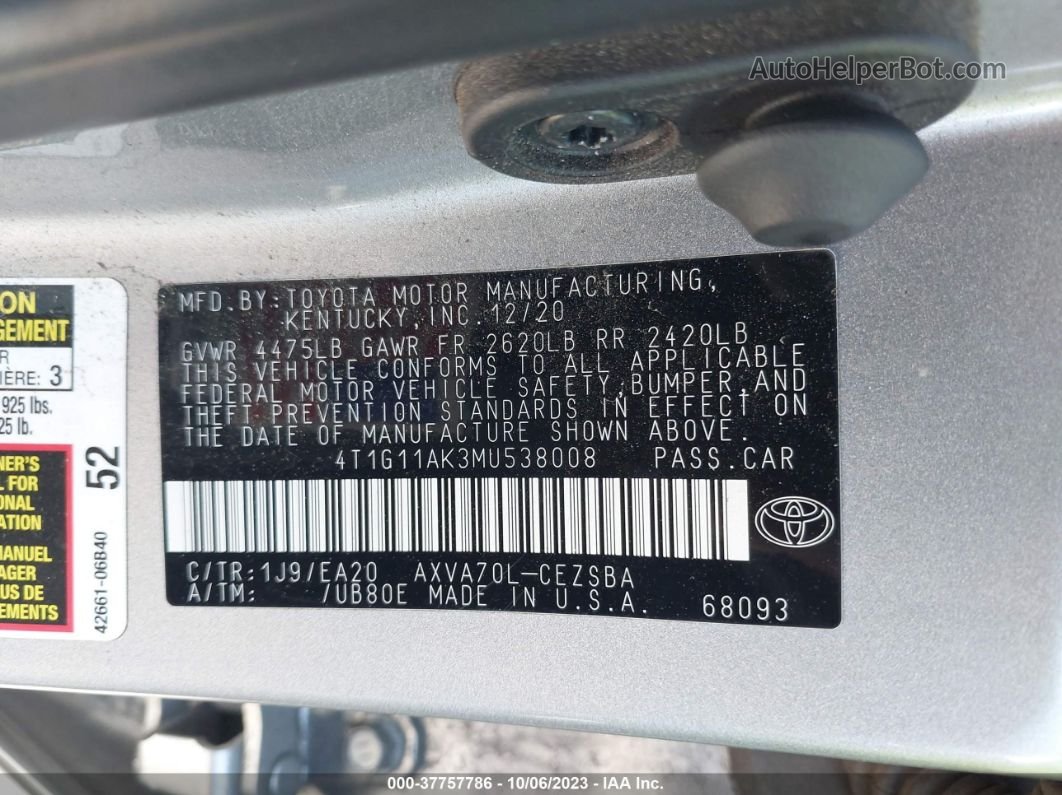 2021 Toyota Camry Se Silver vin: 4T1G11AK3MU538008