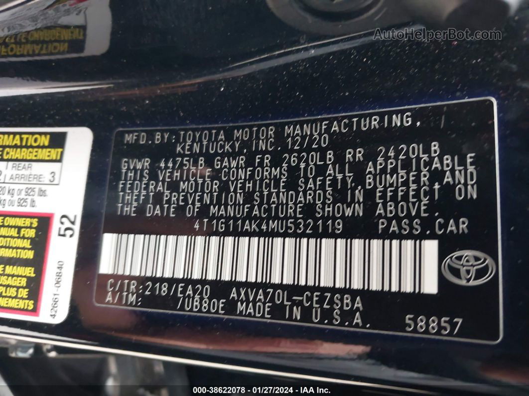 2021 Toyota Camry Se Черный vin: 4T1G11AK4MU532119