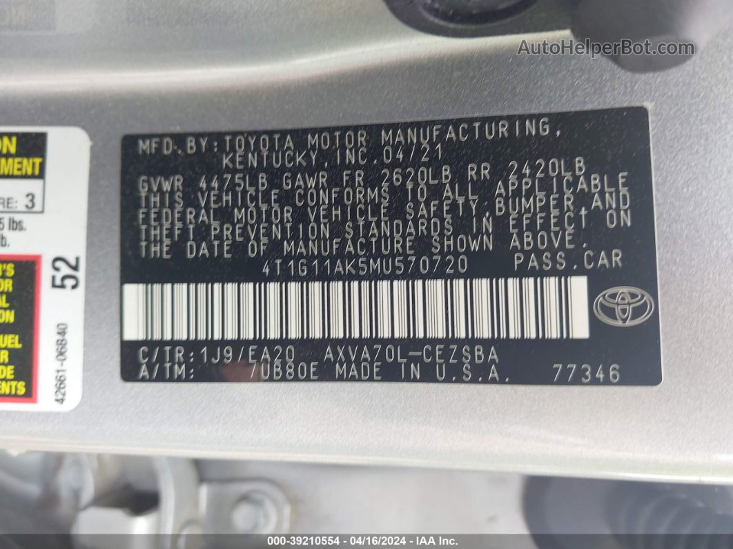 2021 Toyota Camry Se Silver vin: 4T1G11AK5MU570720