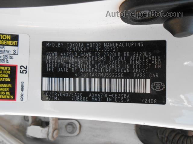 2021 Toyota Camry Se Белый vin: 4T1G11AK7MU592296