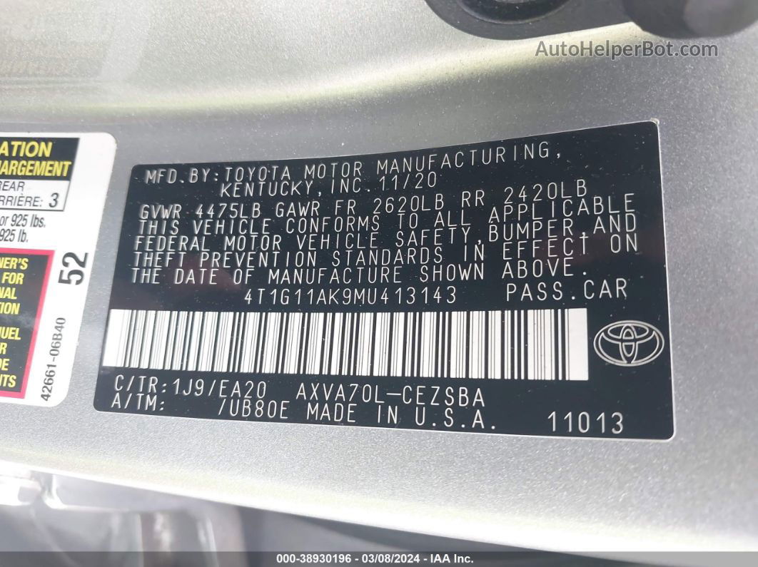 2021 Toyota Camry Se Silver vin: 4T1G11AK9MU413143