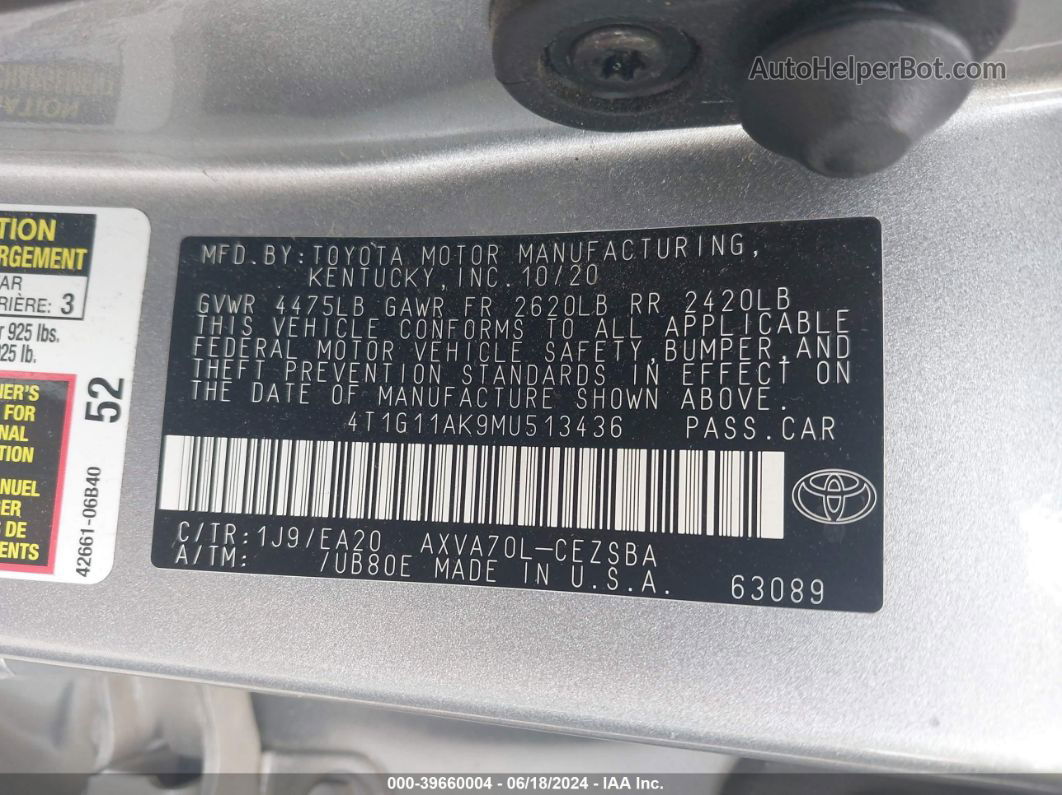 2021 Toyota Camry Se Silver vin: 4T1G11AK9MU513436