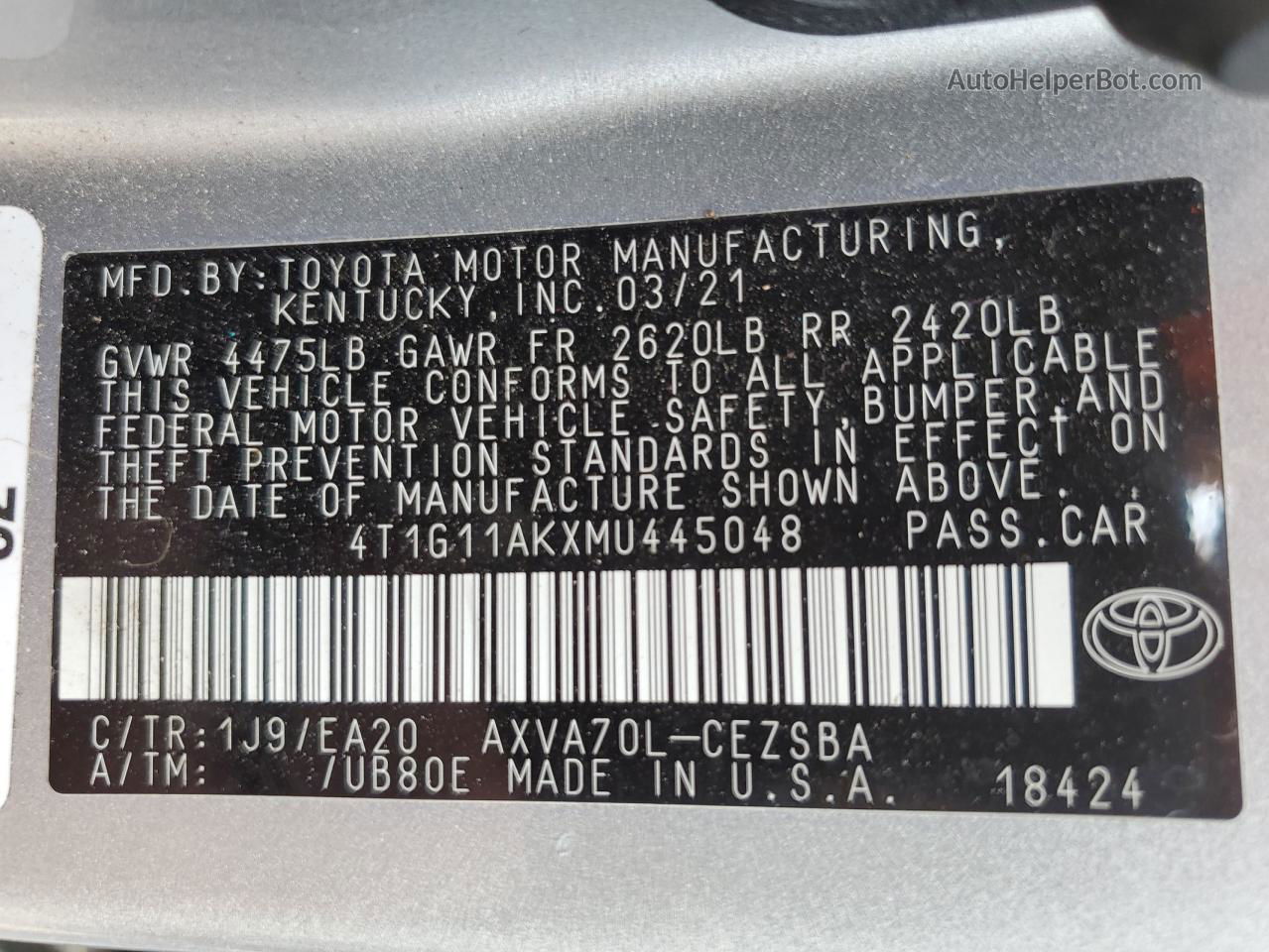 2021 Toyota Camry Se Silver vin: 4T1G11AKXMU445048