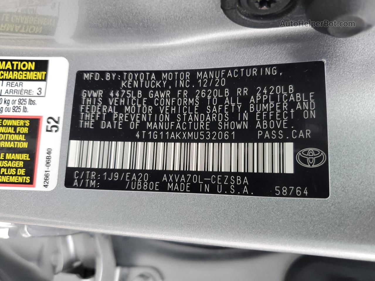 2021 Toyota Camry Se Silver vin: 4T1G11AKXMU532061