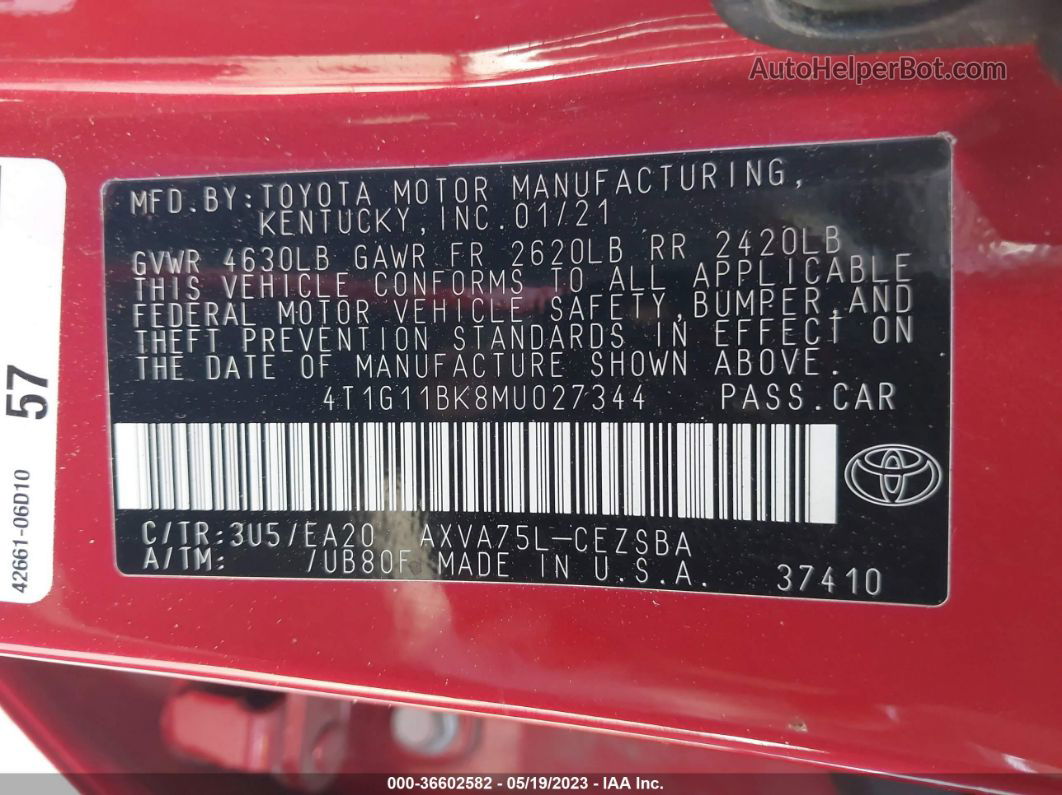 2021 Toyota Camry Se Red vin: 4T1G11BK8MU027344