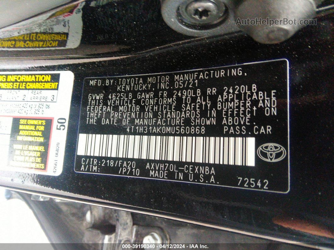 2021 Toyota Camry Le Hybrid Черный vin: 4T1H31AK0MU560868