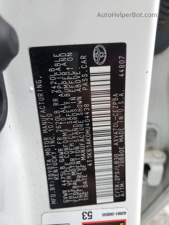 2021 Toyota Camry Xse Белый vin: 4T1K61AK0MU404438