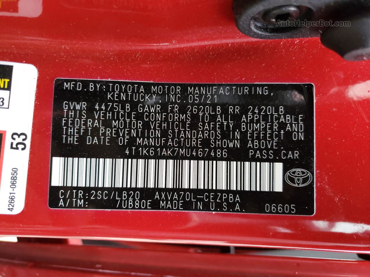 2021 Toyota Camry Xse Красный vin: 4T1K61AK7MU467486