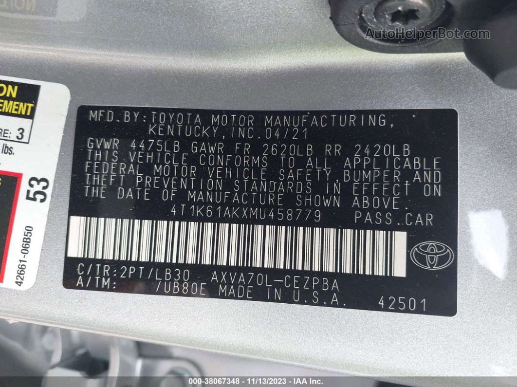 2021 Toyota Camry Xse Silver vin: 4T1K61AKXMU458779