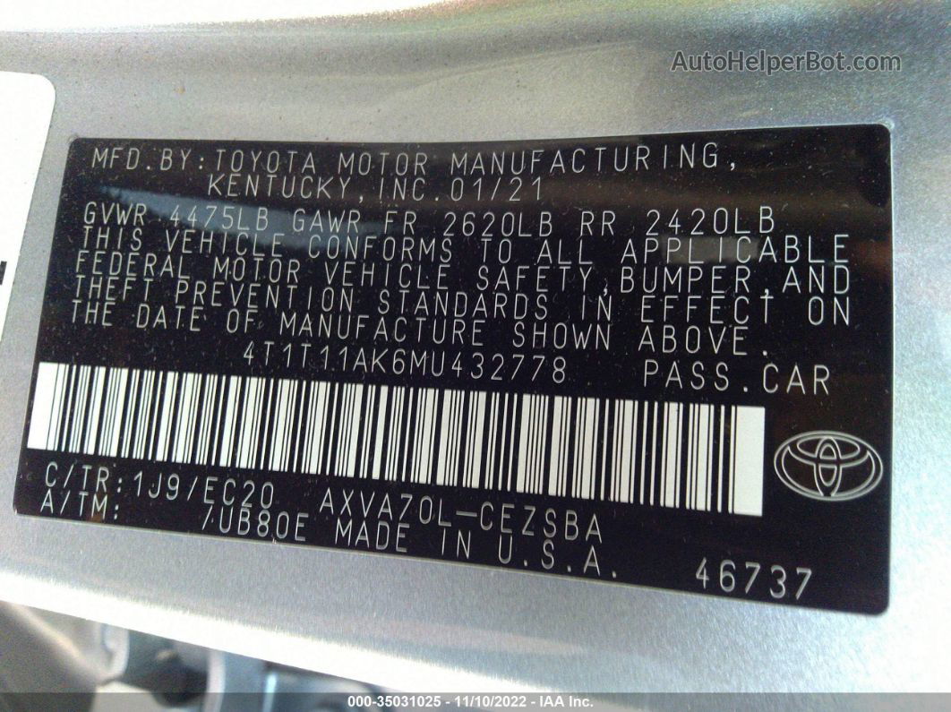 2021 Toyota Camry Se Nightshade Edition Silver vin: 4T1T11AK6MU432778