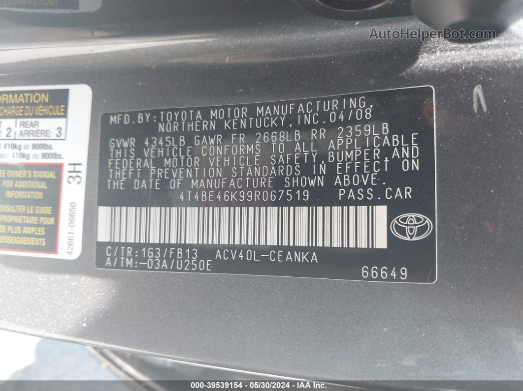 2009 Toyota Camry Le Серый vin: 4T4BE46K99R067519