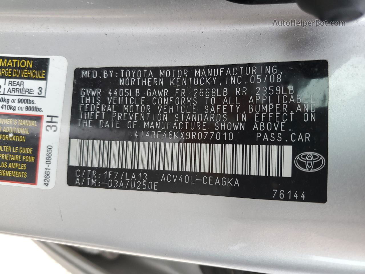 2009 Toyota Camry Base Silver vin: 4T4BE46KX9R077010