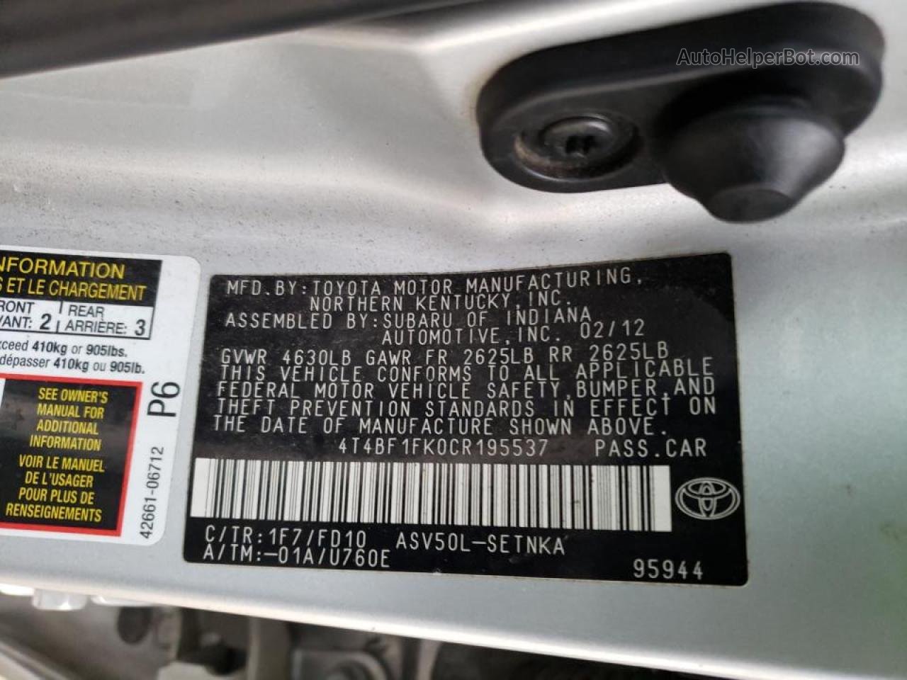 2012 Toyota Camry Base Silver vin: 4T4BF1FK0CR195537