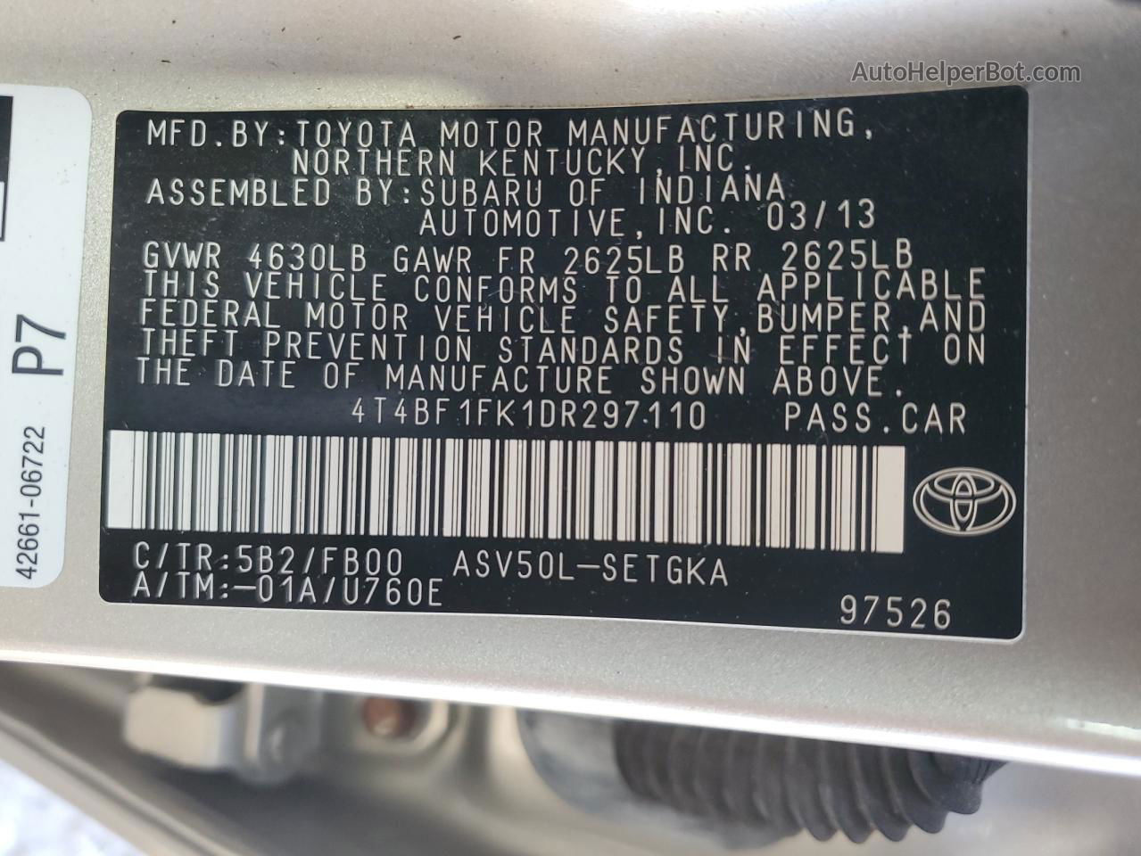 2013 Toyota Camry L Gold vin: 4T4BF1FK1DR297110