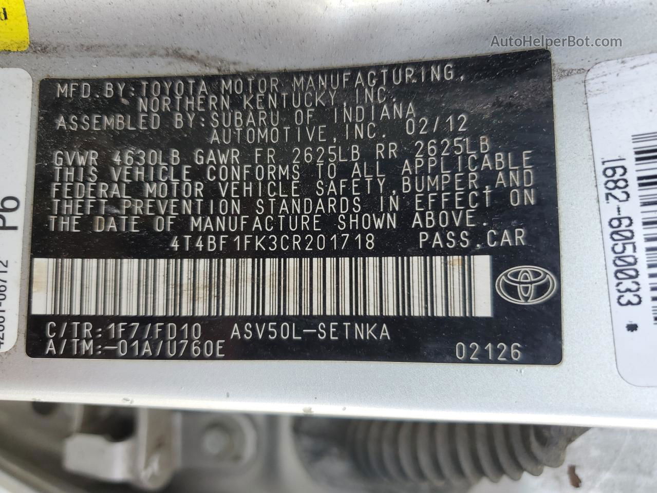 2012 Toyota Camry Base Silver vin: 4T4BF1FK3CR201718