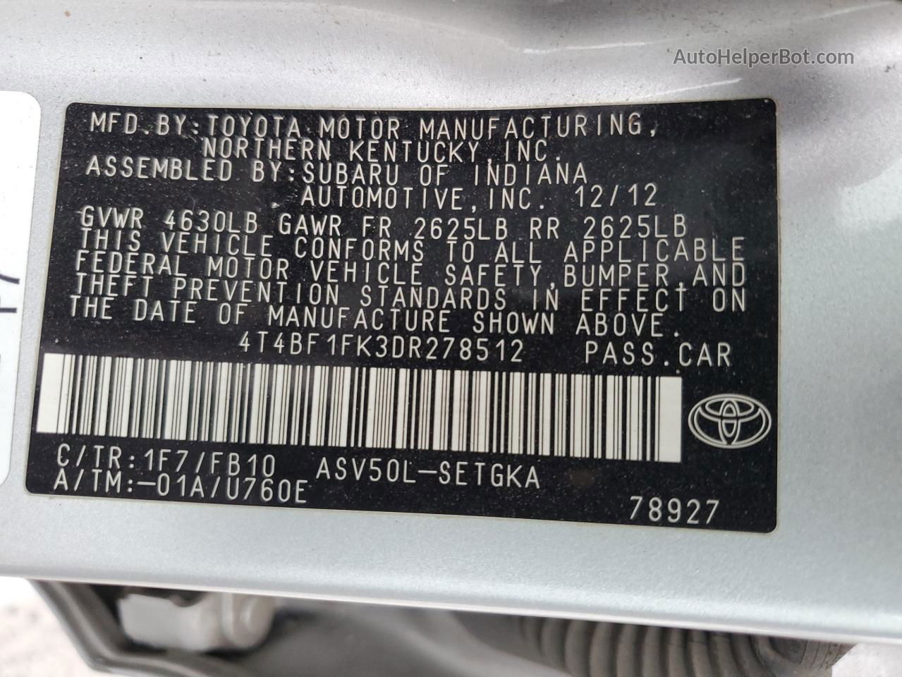 2013 Toyota Camry L Silver vin: 4T4BF1FK3DR278512