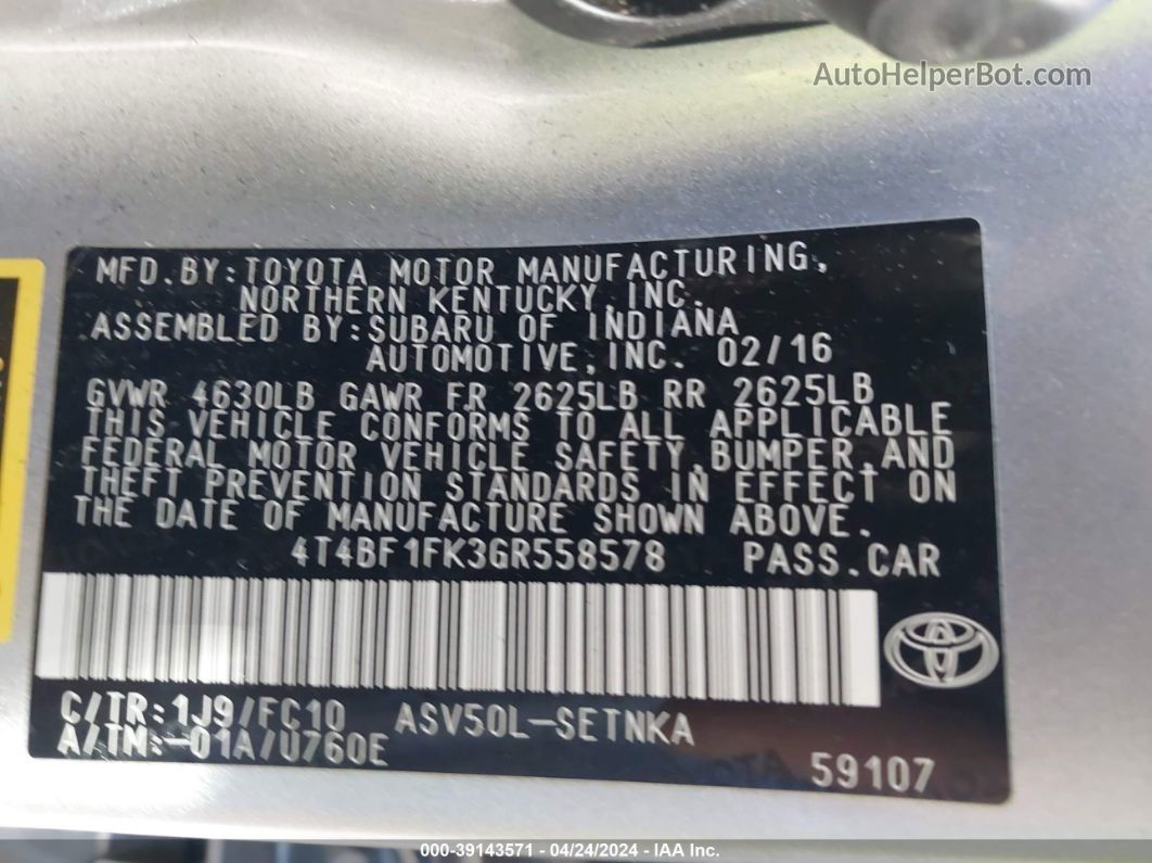 2016 Toyota Camry Le Серебряный vin: 4T4BF1FK3GR558578