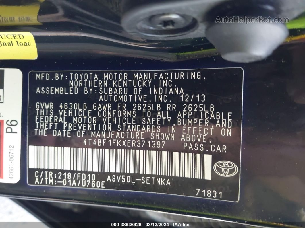 2014 Toyota Camry Le Черный vin: 4T4BF1FKXER371397