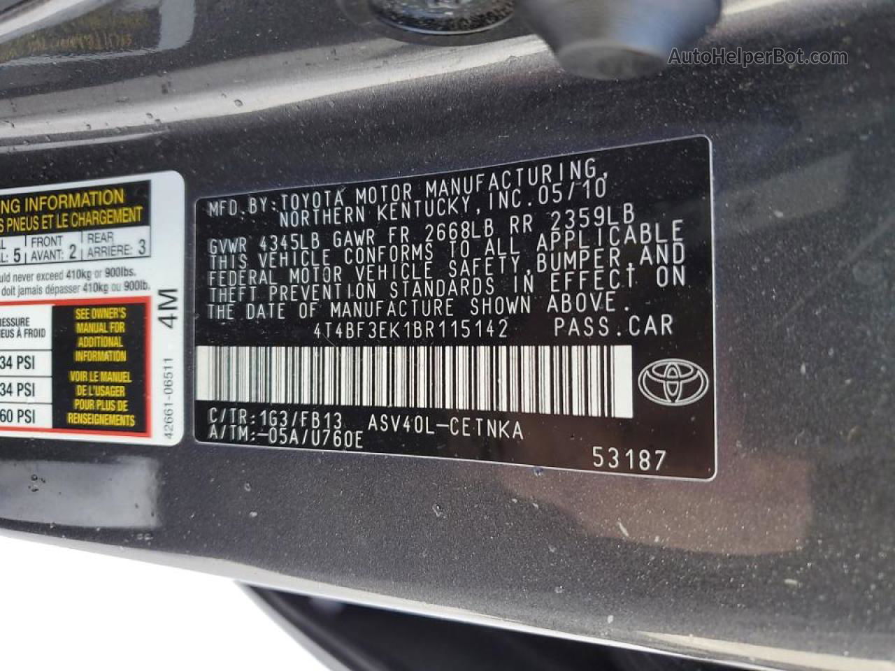 2011 Toyota Camry Base Gray vin: 4T4BF3EK1BR115142