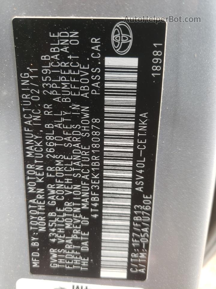 2011 Toyota Camry Base Silver vin: 4T4BF3EK1BR180878